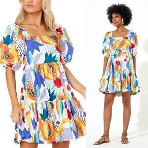 Oliphant NEW Papaya Yellow Bubble Skirt Puff‎ Sleeve Cotton Mini Dress Size M